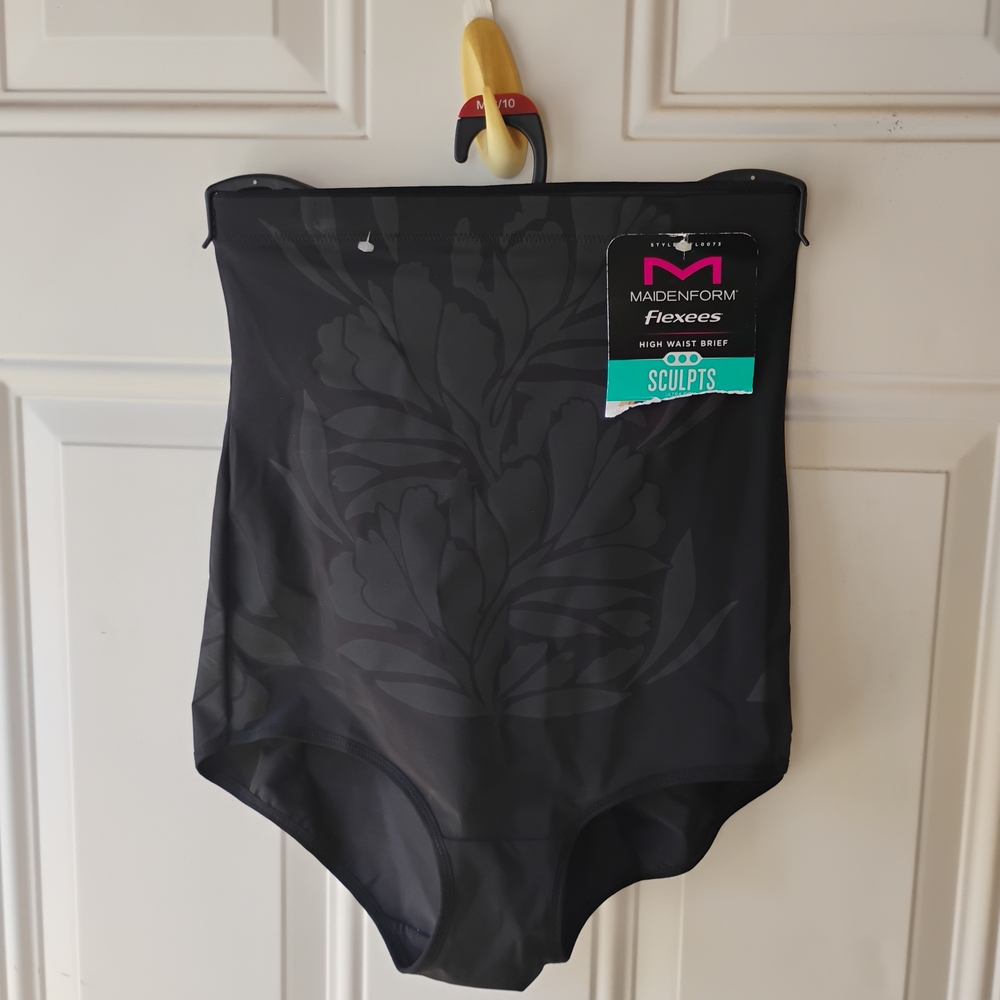 Maidenform Black High-Waist Sculpting Brief with Subtle Floral Pattern - Picture 1 of 7